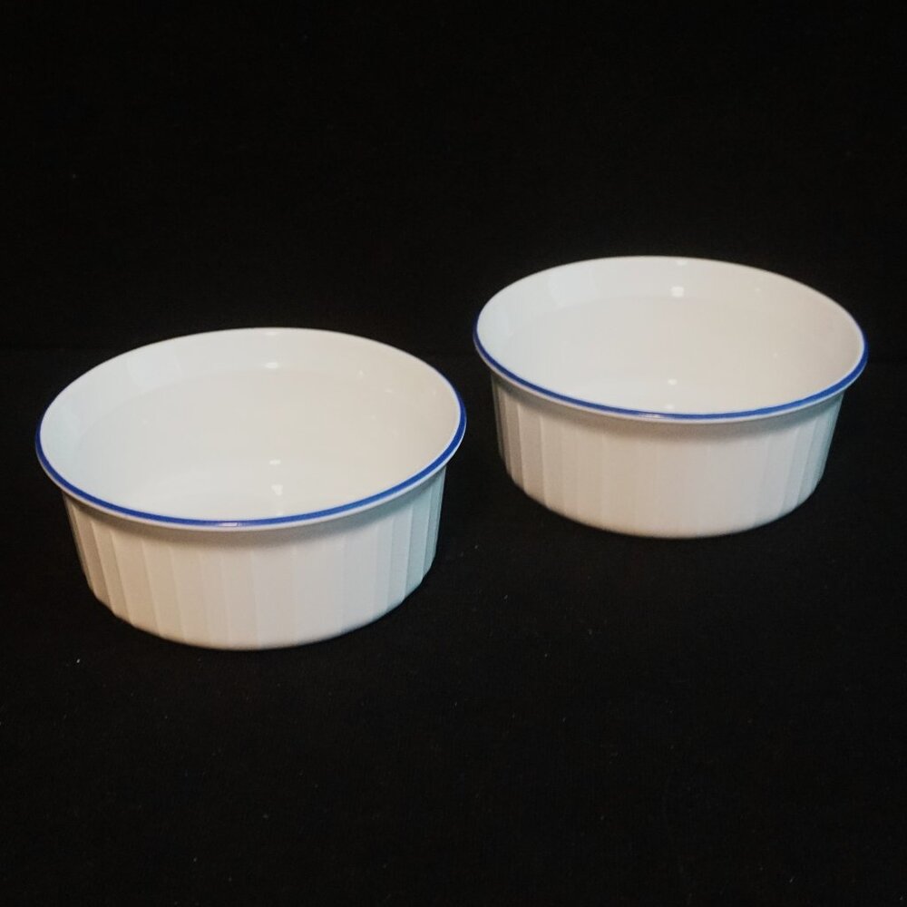 Corning Ware French White Blue Rimmed F-16-B Set of 2 Ramekins Casserole for One